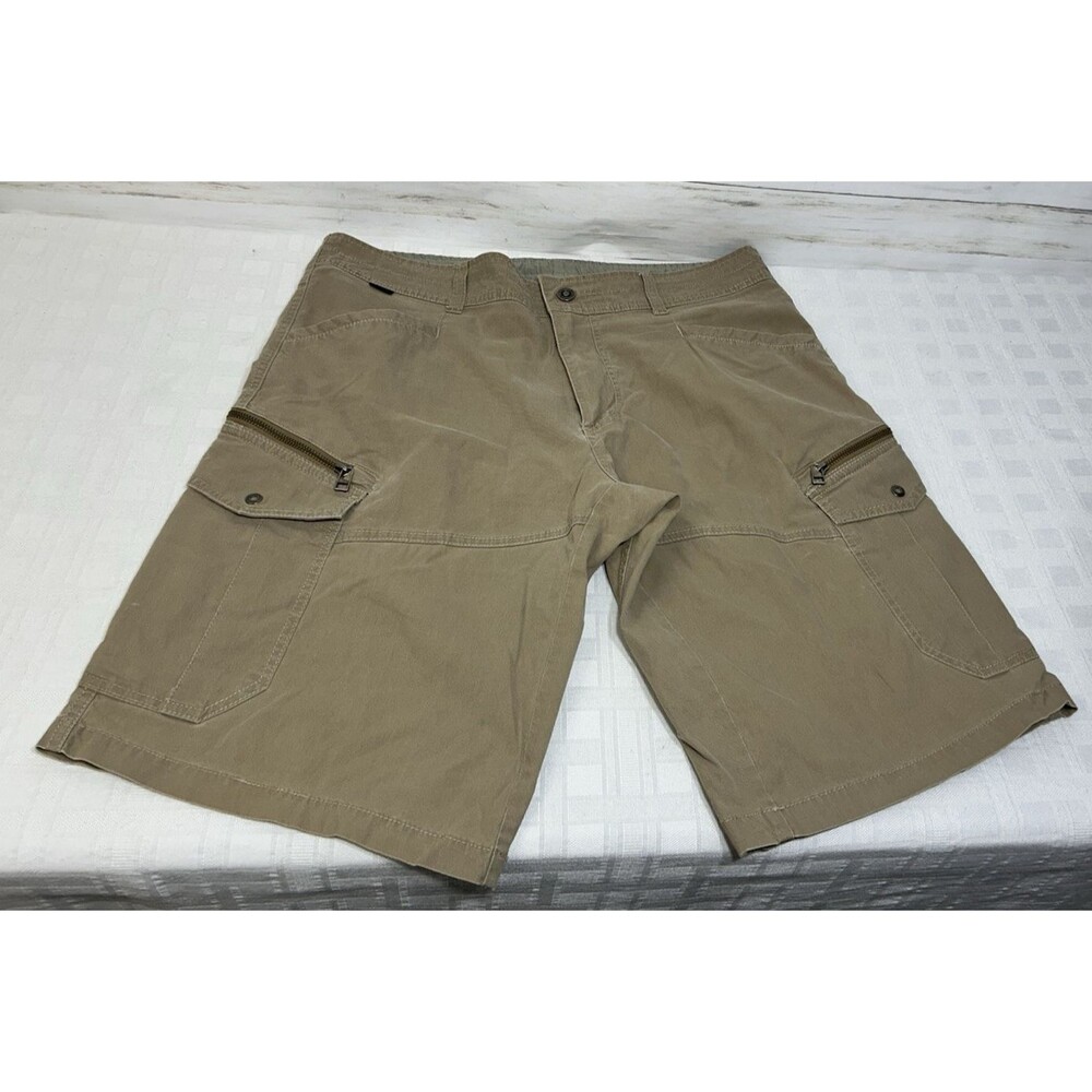 KÜHL Long 8 POCKETS Zip Cargo Shorts Mens Size 36 x 12 Beige Tan Khaki Hiking